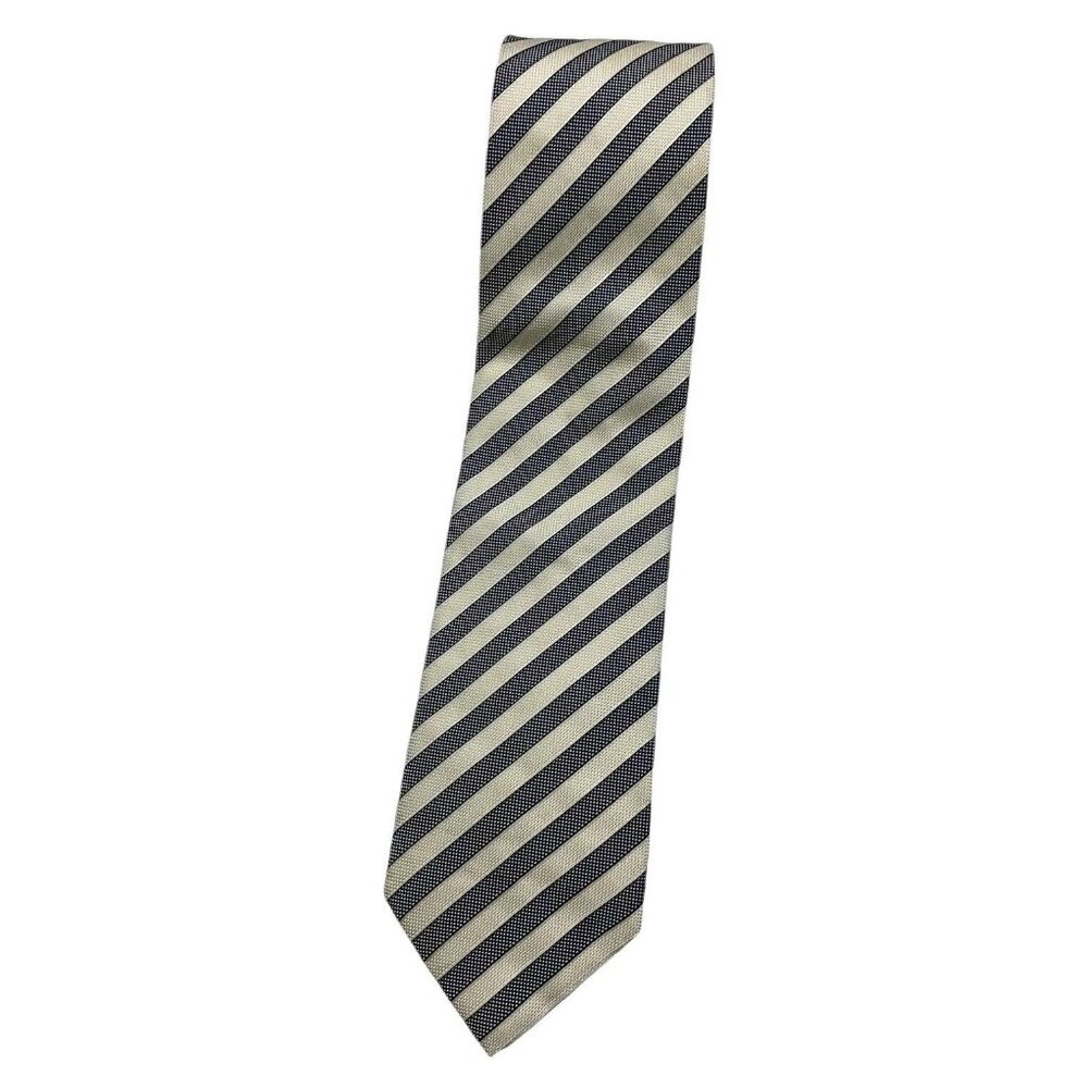 ERMENEGILDO ZEGNA Men's 100% Silk Necktie LUXURY Ivory Gray Striped W:3.1" EUC